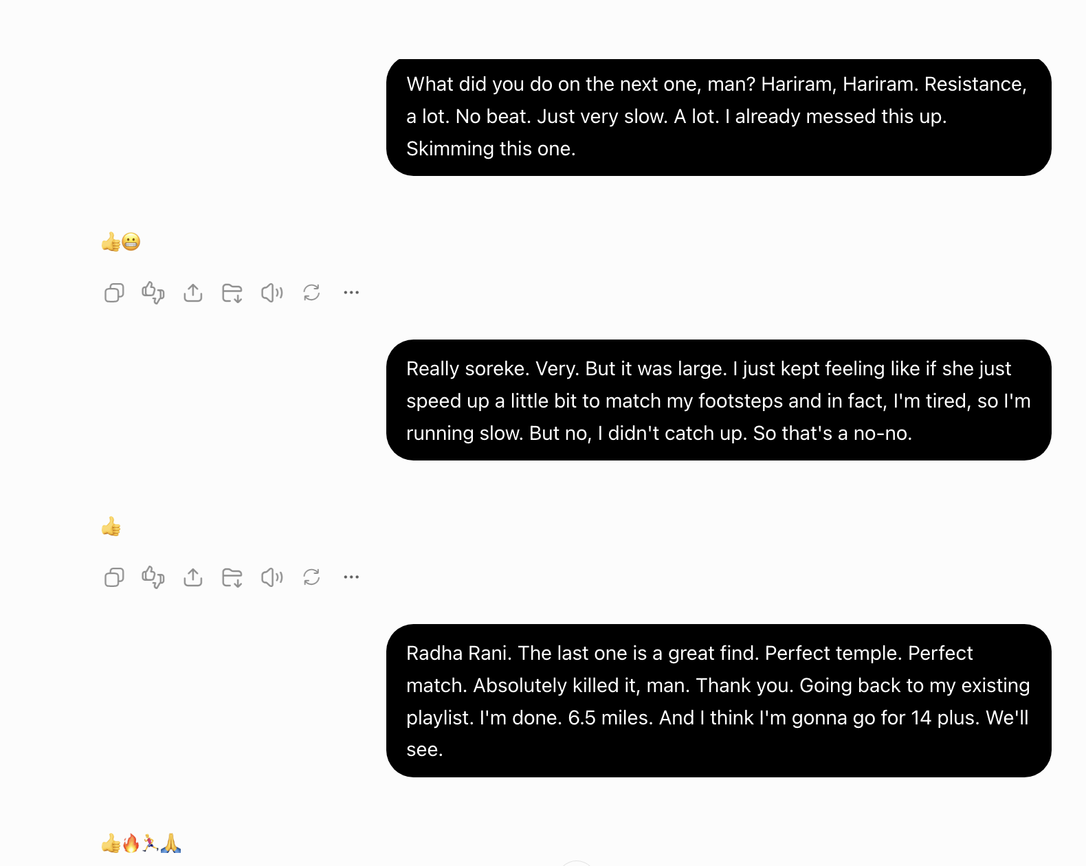 A ChatGPT conversation showing its attempts to interpret Ajay's breathless notes during a run